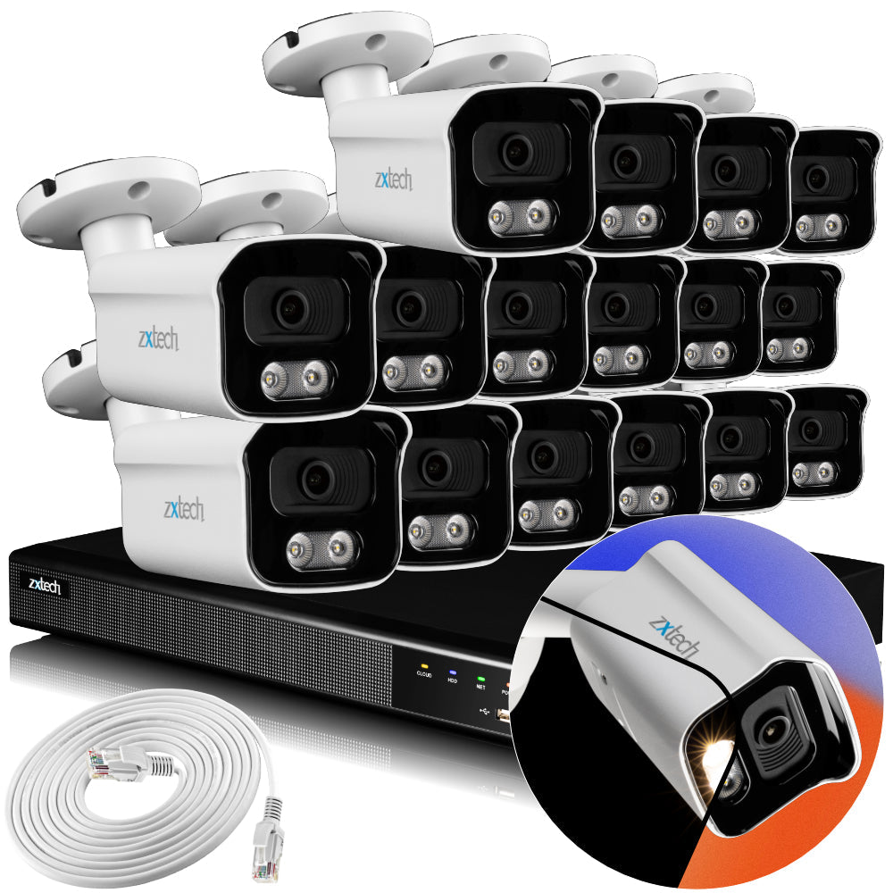 Zxtech 4K CCTV System - 16 x IP PoE Cameras Audio Recording Face Detection Outdoor Sony Starvis  | RX16B16X