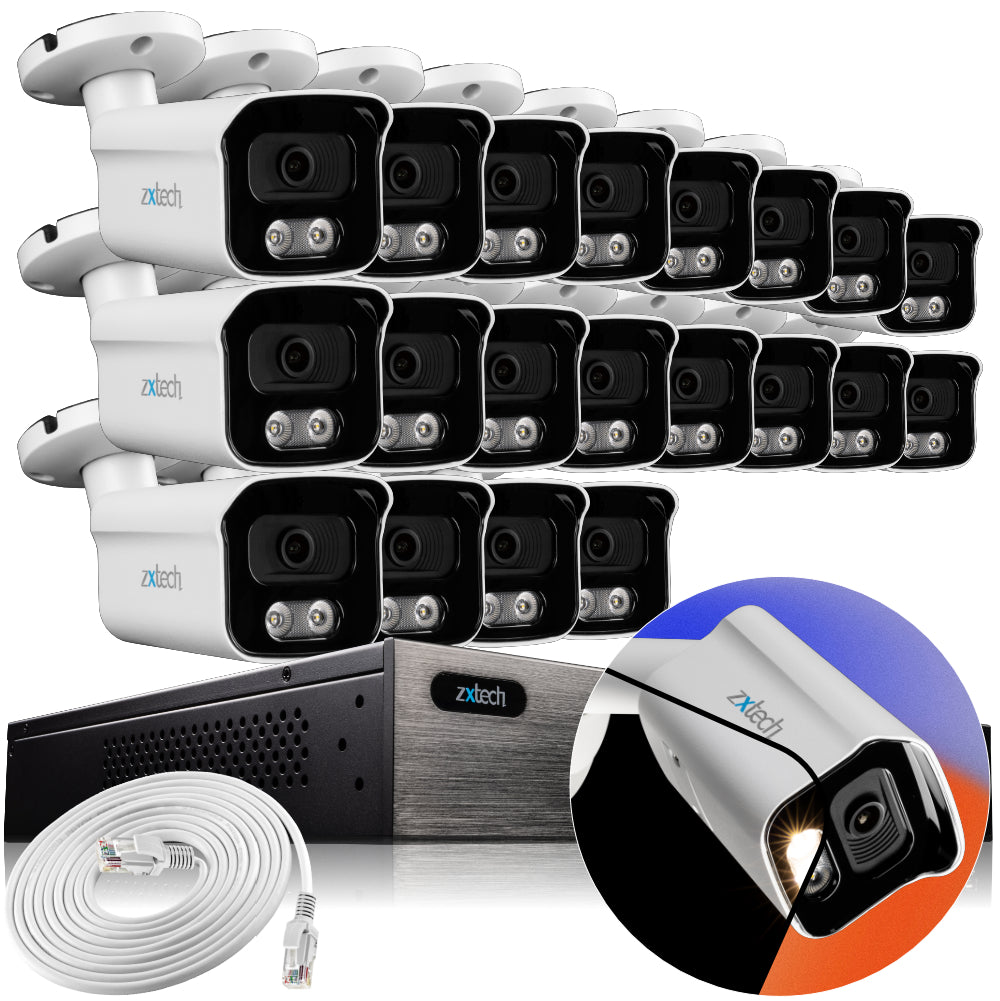 Zxtech 4K CCTV System - 20 x IP PoE Cameras Audio Recording Face Detection Outdoor Sony Starvis  | RX20B24W