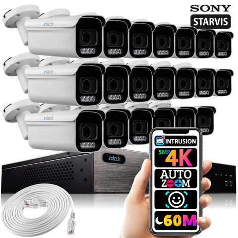Zxtech 16x 5MP 8MP Auto Zoom PoE Outdoor Security Cameras Face Recognition CCTV Kit RX20D24W