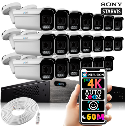 Zxtech 16x 5MP 8MP Auto Zoom PoE Outdoor Security Cameras Face Recognition CCTV Kit RX20D24W