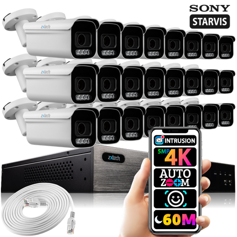 Zxtech 16x 5MP 8MP Auto Zoom PoE Outdoor Security Cameras Face Recognition CCTV Kit RX24D24W