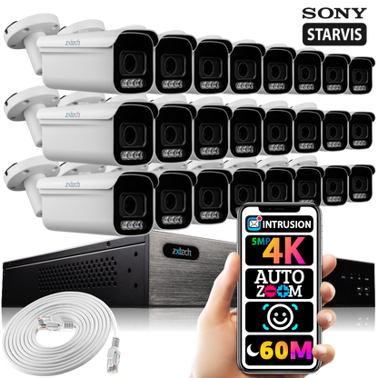 Zxtech 16x 5MP 8MP Auto Zoom PoE Outdoor Security Cameras Face Recognition CCTV Kit RX24D24W