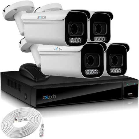 Zxtech 4K CCTV System - 4 x IP PoE Cameras Motorised Lens Face Detection Outdoor Sony Starvis Enhanced Night Vision  | RX4D4Z