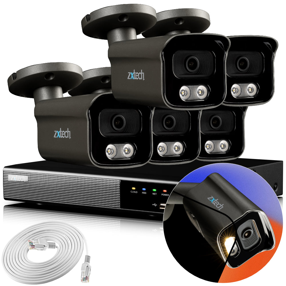 Zxtech 4K CCTV System - 5 x IP PoE Cameras Audio Recording Face Detection Outdoor Sony Starvis  | RX5F9Y