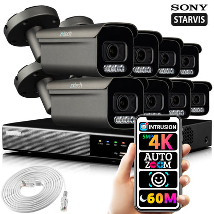 Zxtech 8 x 5MP 8MP 4K Auto Zoom PoE Outdoor Face Recognition Home CCTV Kit RX8H9Y