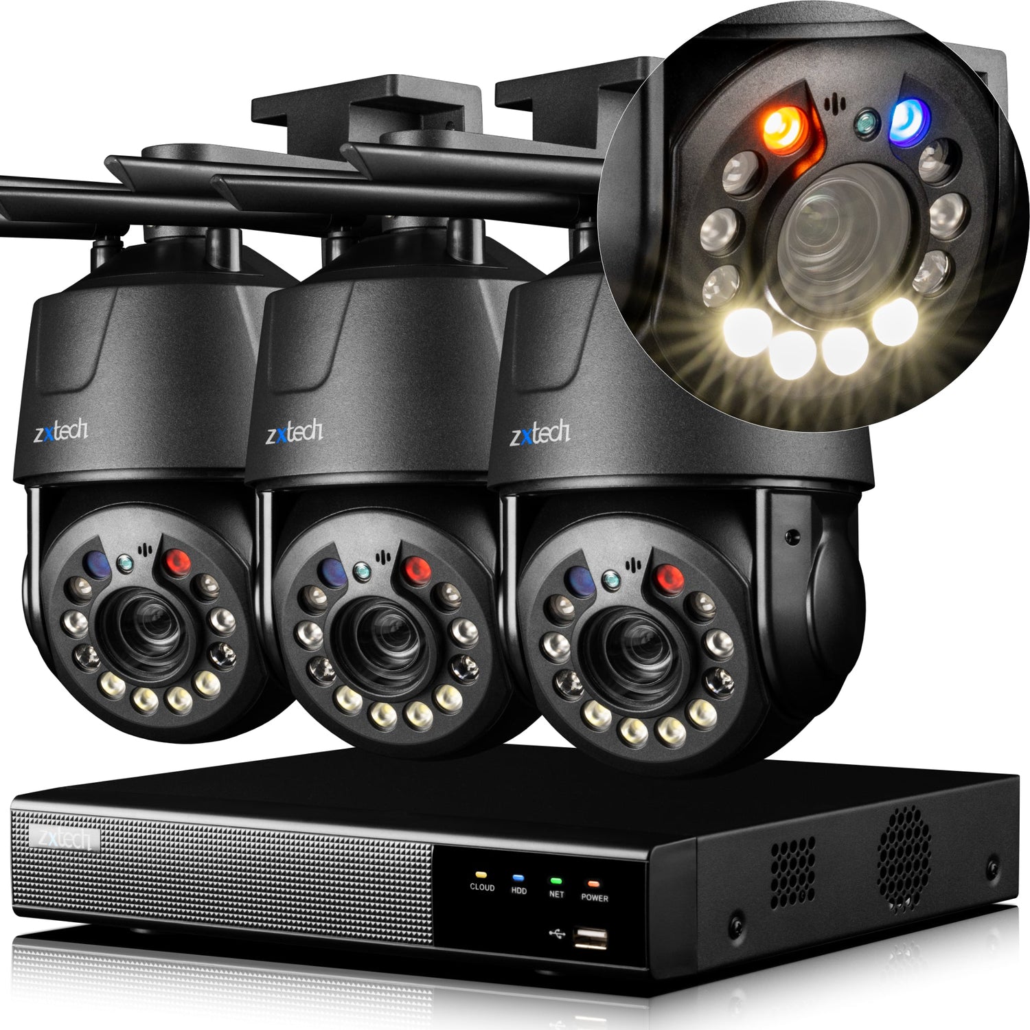 Zxtech 4K Wireless PTZ CCTV System  - 3 x WiFi Security Camera 5X/10X/20X Auto Zoom Colour Night Vision Outdoor 2-Way-Audio 9CH Sony Starvis