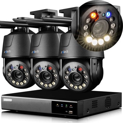 Zxtech 4K Wireless PTZ CCTV System  - 3 x WiFi Security Camera 5X/10X/20X Auto Zoom Colour Night Vision Outdoor 2-Way-Audio 9CH Sony Starvis