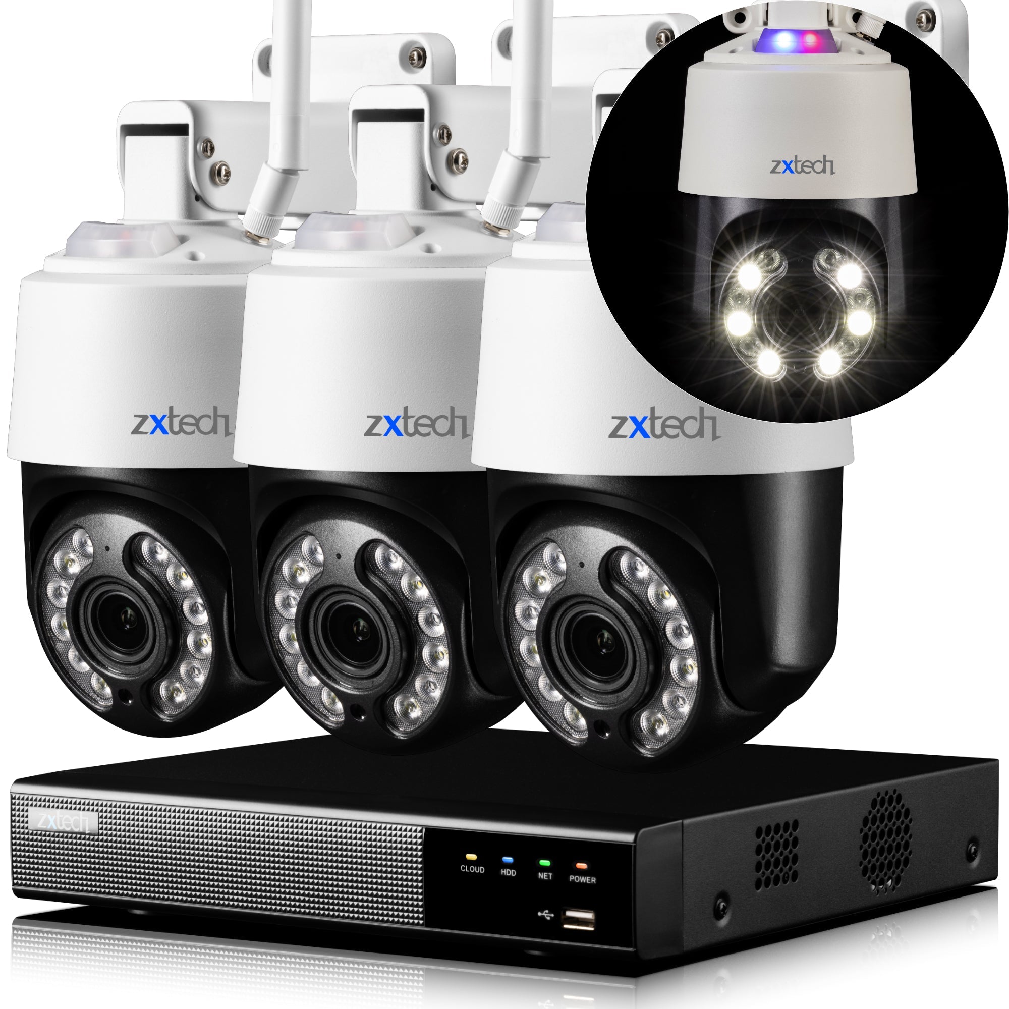 Zxtech 4K Wireless PTZ CCTV System  - 3 x WiFi Security Camera 5X/10X Auto Zoom Colour Night Vision Outdoor 2-Way-Audio 9CH Sony Starvis