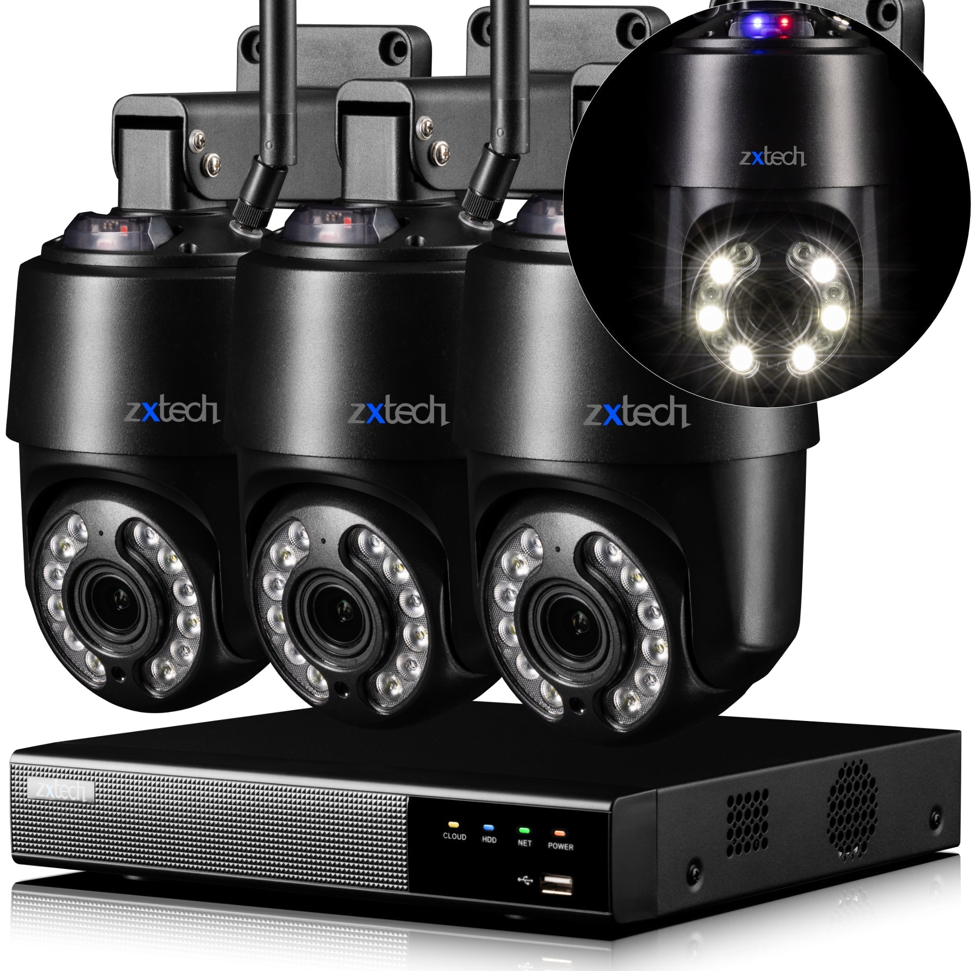 Zxtech 4K Wireless PTZ CCTV System  - 3 x WiFi Security Camera 5X/10X/20X Auto Zoom Colour Night Vision Outdoor 2-Way-Audio 9CH Sony Starvis