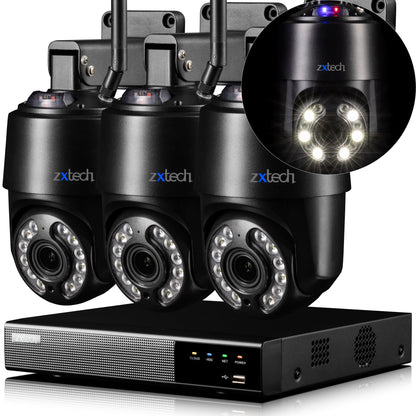 Zxtech 4K Wireless PTZ CCTV System  - 3 x WiFi Security Camera 5X/10X/20X Auto Zoom Colour Night Vision Outdoor 2-Way-Audio 9CH Sony Starvis