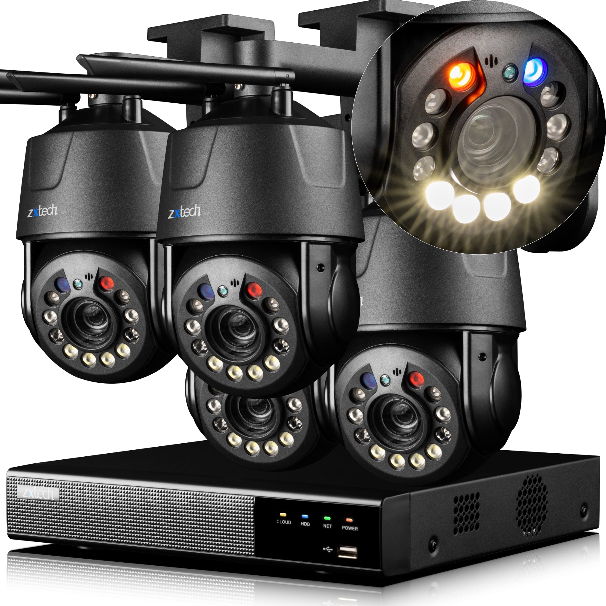Zxtech 4K Wireless PTZ CCTV System  - 4 x WiFi Security Camera 5X/10X/20X Auto Zoom Colour Night Vision Outdoor 2-Way-Audio 9CH Sony Starvis