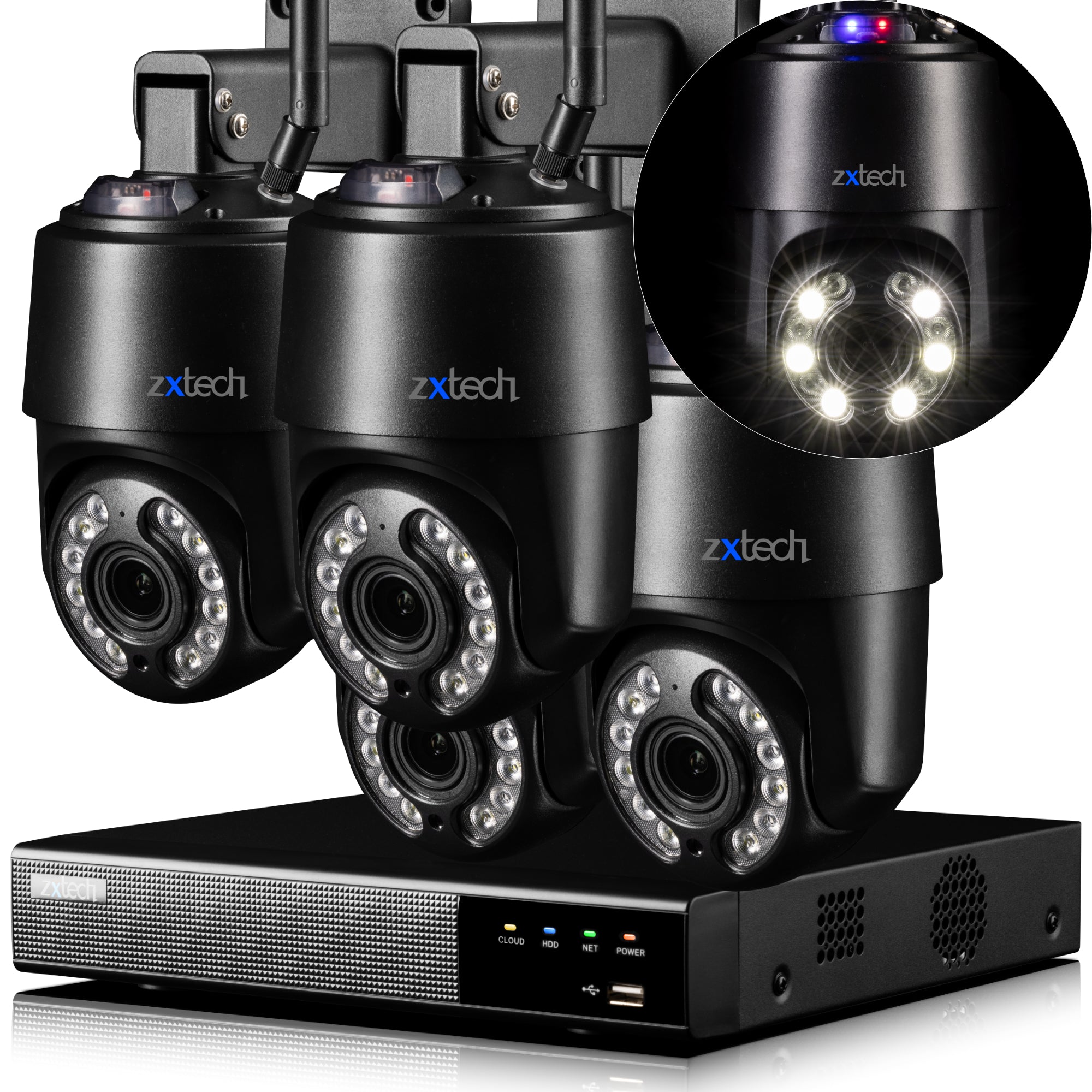 Zxtech 4K Wireless PTZ CCTV System  - 4 x WiFi Security Camera 5X/10X/20X Auto Zoom Colour Night Vision Outdoor 2-Way-Audio 9CH Sony Starvis