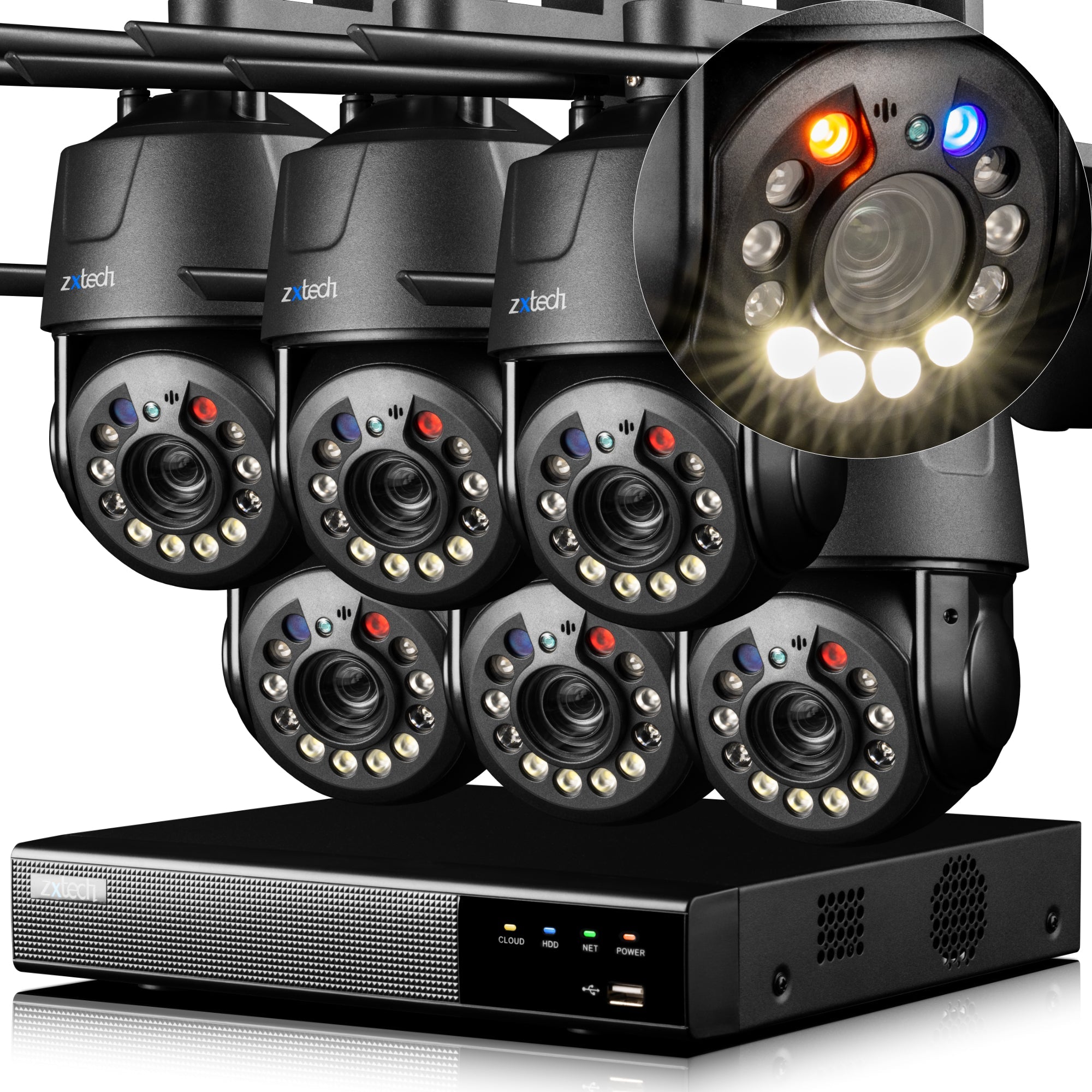 Zxtech 4K Wireless PTZ CCTV System  - 6 x WiFi Security Camera 5X/10X/20X Auto Zoom Colour Night Vision Outdoor 2-Way-Audio 9CH Sony Starvis