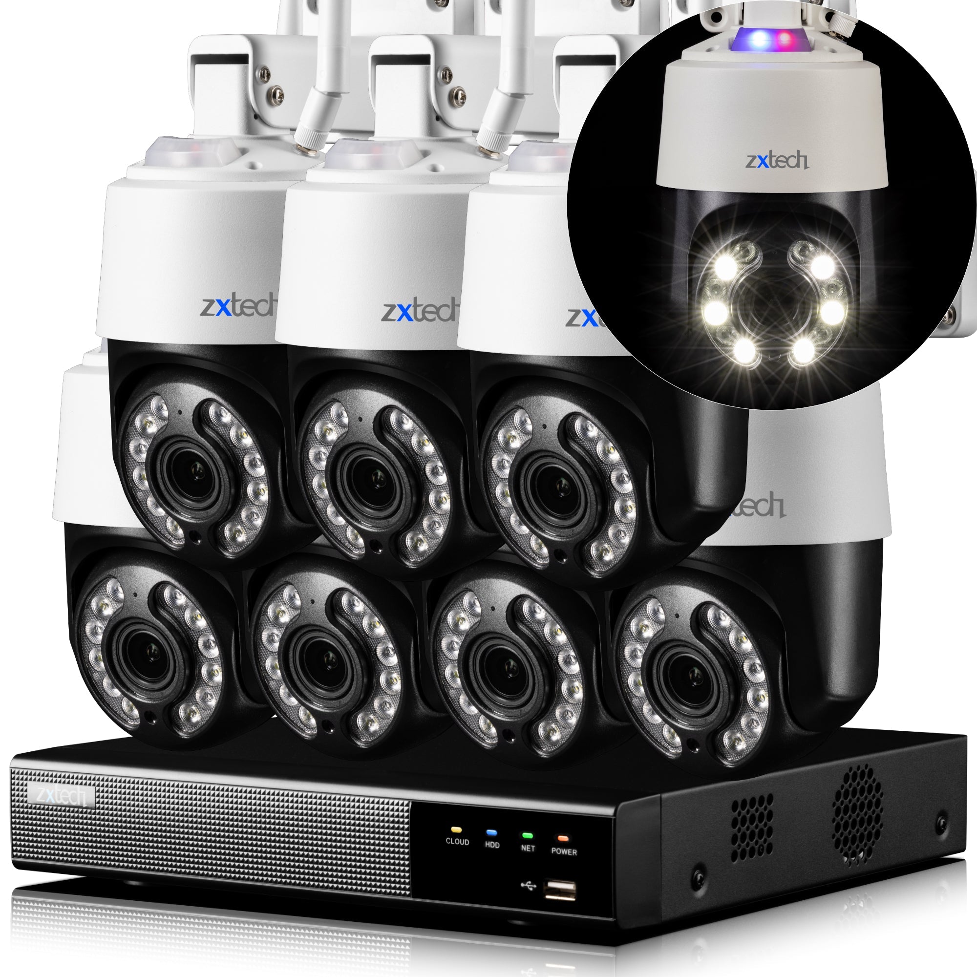 Zxtech 4K Wireless PTZ CCTV System  - 7 x WiFi Security Camera 5X/10X Auto Zoom Colour Night Vision Outdoor 2-Way-Audio 9CH Sony Starvis