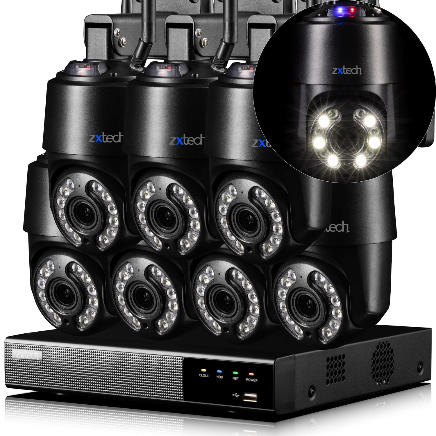 Zxtech 4K Wireless PTZ CCTV System  - 7 x WiFi Security Camera 5X/10X/20X Auto Zoom Colour Night Vision Outdoor 2-Way-Audio 9CH Sony Starvis