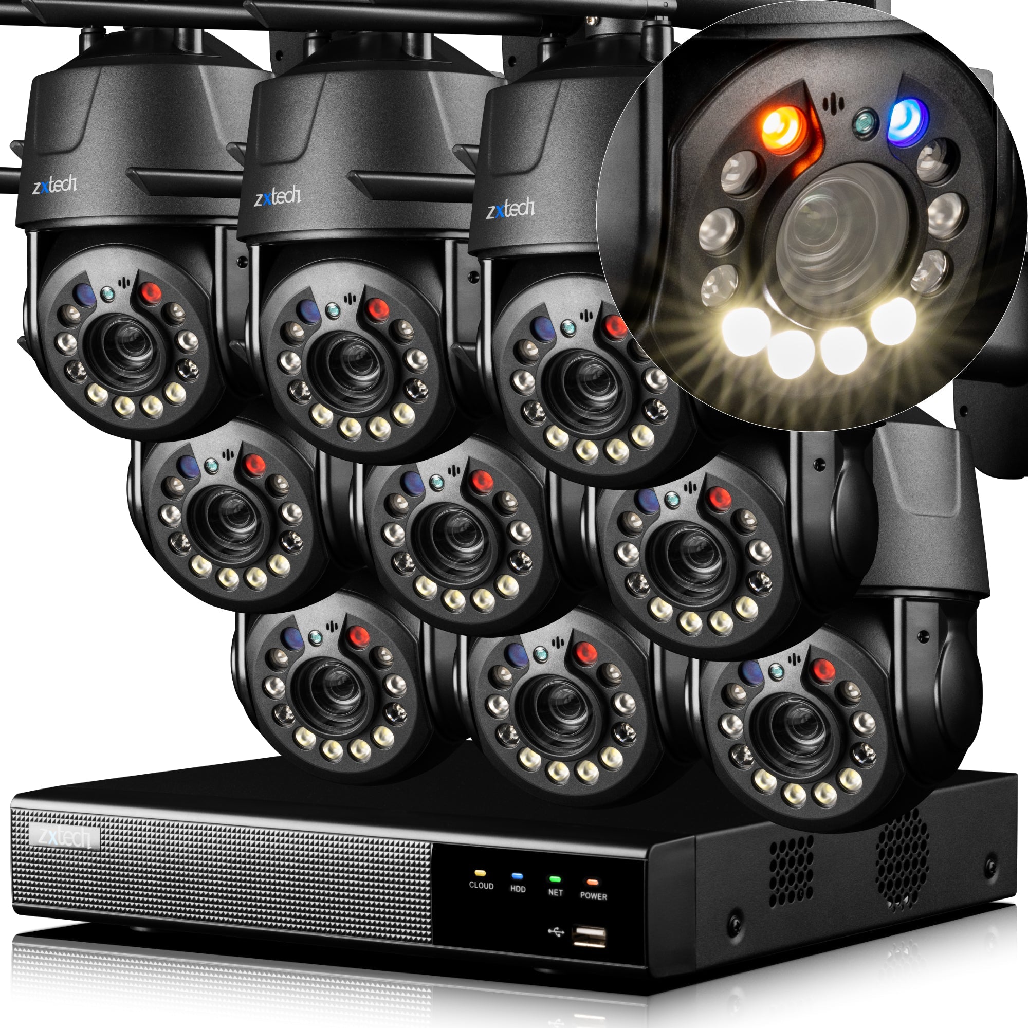 Zxtech 4K Wireless PTZ CCTV System  - 9 x WiFi Security Camera 5X/10X/20X Auto Zoom Colour Night Vision Outdoor 2-Way-Audio 9CH Sony Starvis