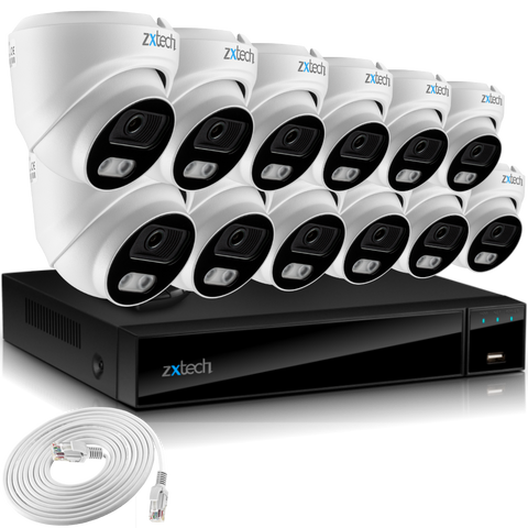 Zxtech 4K CCTV System - 12 x IP PoE Cameras Audio Recording Face Detection Outdoor Sony Starvis  | RX12A16X