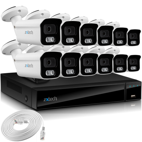 Zxtech 4K CCTV System - 12 x IP PoE Cameras Audio Recording Face Detection Outdoor Sony Starvis  | RX12B16X