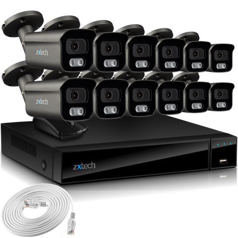 Zxtech 4K CCTV System - 12 x IP PoE Cameras Audio Recording Face Detection Outdoor Sony Starvis  | RX12F16X