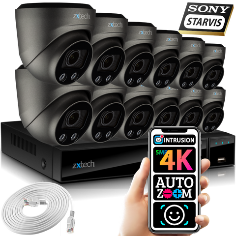 Zxtech 12 x 5MP 8MP Auto Zoom PoE CCTV Camera Face Recognition Home CCTV Kit RX12G16X