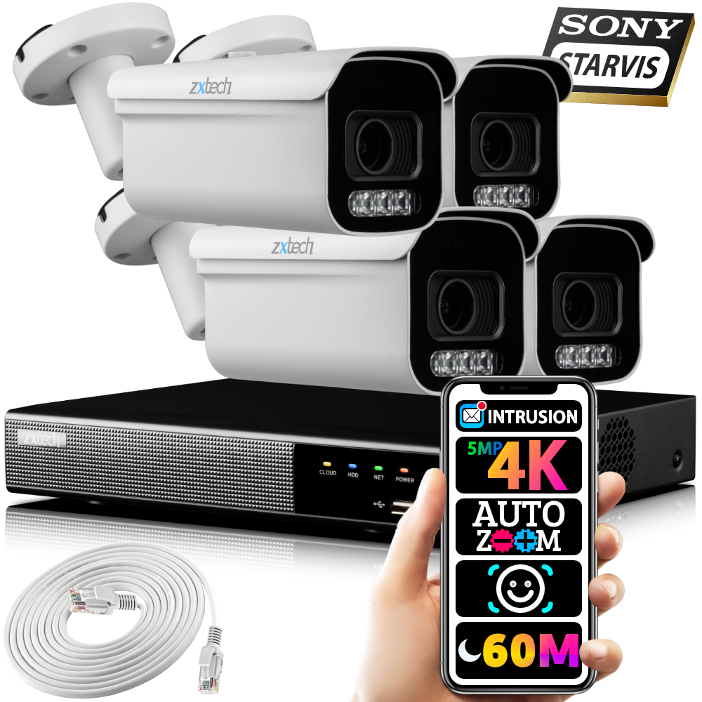 ZEUS CCTV Kit todo en uno de cámara de vigilancia con reflector con sistema  NVR de 4 canales + kit completo de instalación de 4 cámaras de luz de