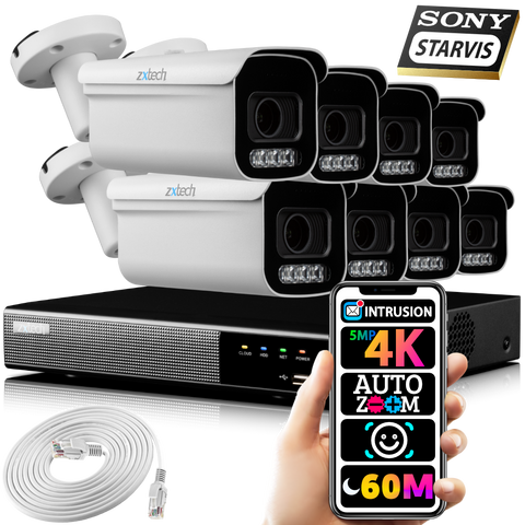 Zxtech 5MP 8MP 4K UHD 60M IR Auto Zoom PoE Camera CCTV NVR Face Recognition Kit RX8D9Y